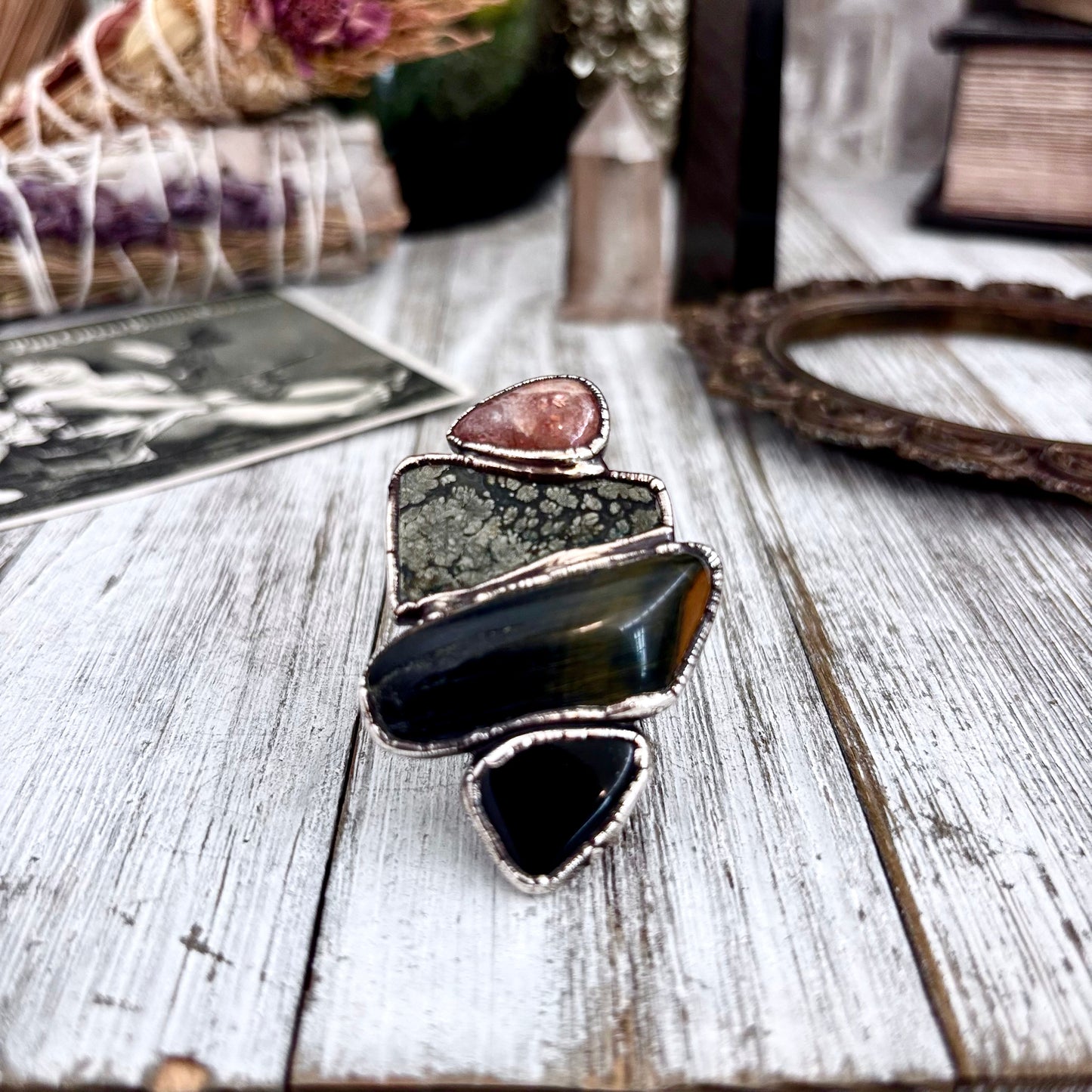 Silver ring featuring multi-stone obsidian, marcasite, blue tiger's eye, and sunstone, size 8, from FOXLARK collection.