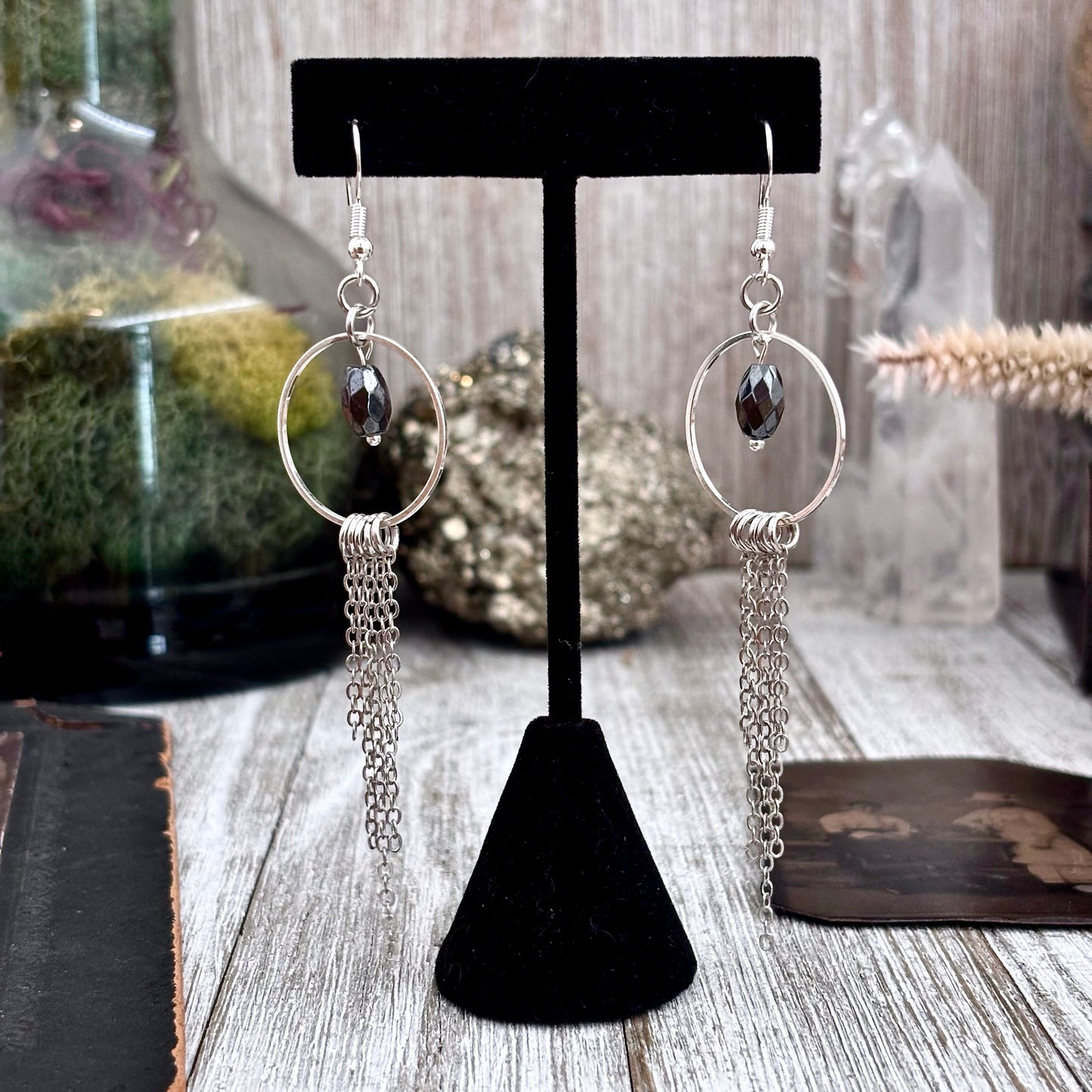 Hematite Hoop Fringe Earrings / Long Dangle Witchy Earrings