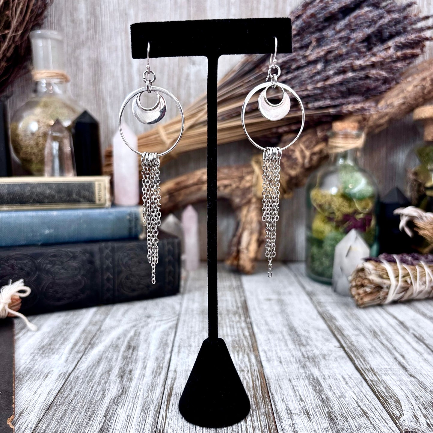 Sterling Silver Hoop Fringe Earrings / Long Dangle Witchy Earrings