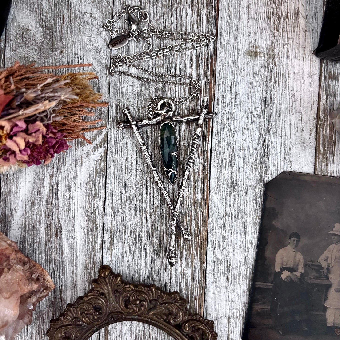 Moss Agate Crystal Necklace in Silver / Sticks & Stones Collection