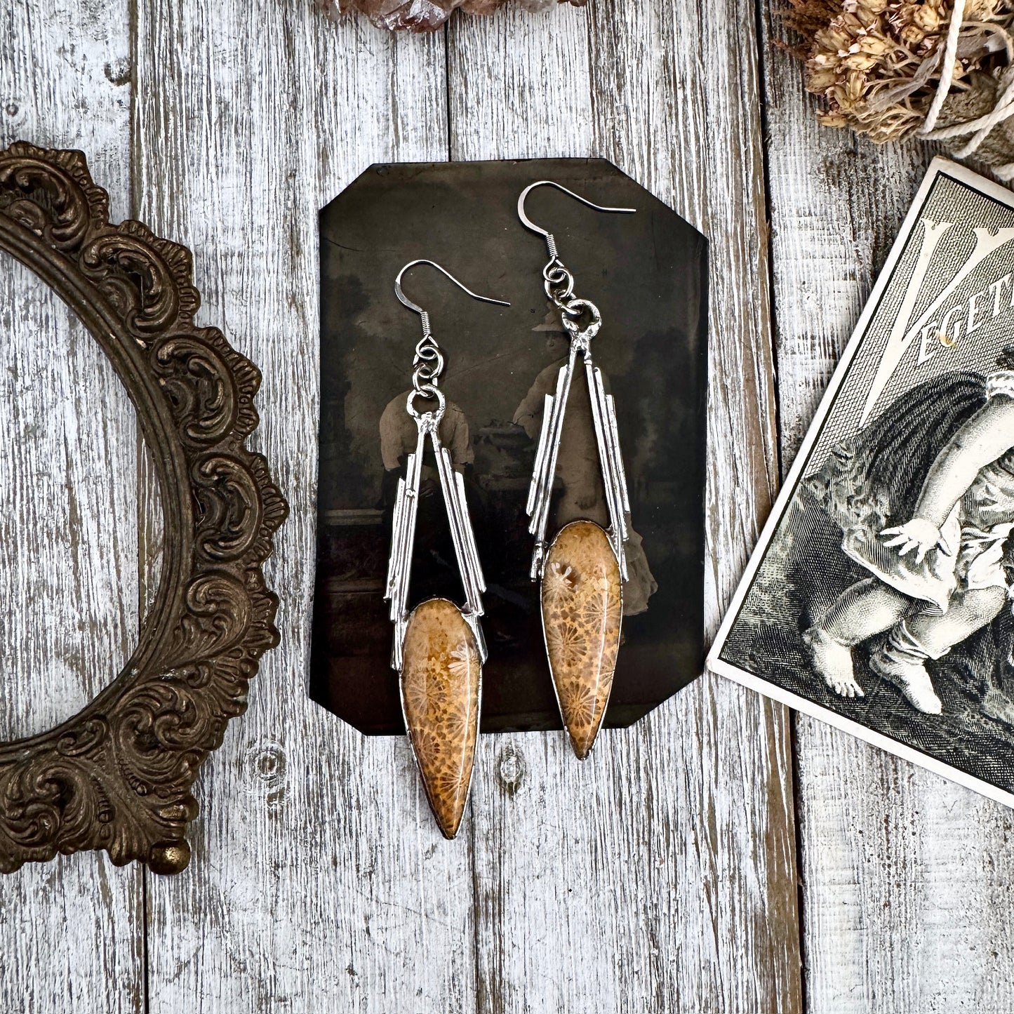 Fossilized Coral Fine Silver Crystal Earrings / Long Dangle Witchy Earrings