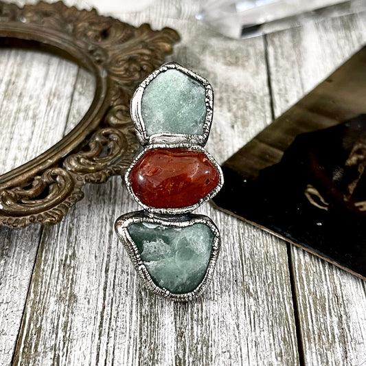 Size 7 Crystal Ring - Three Stone Red Carnelian Aventurine Silver Ring / Foxlark Collection - One of a Kind