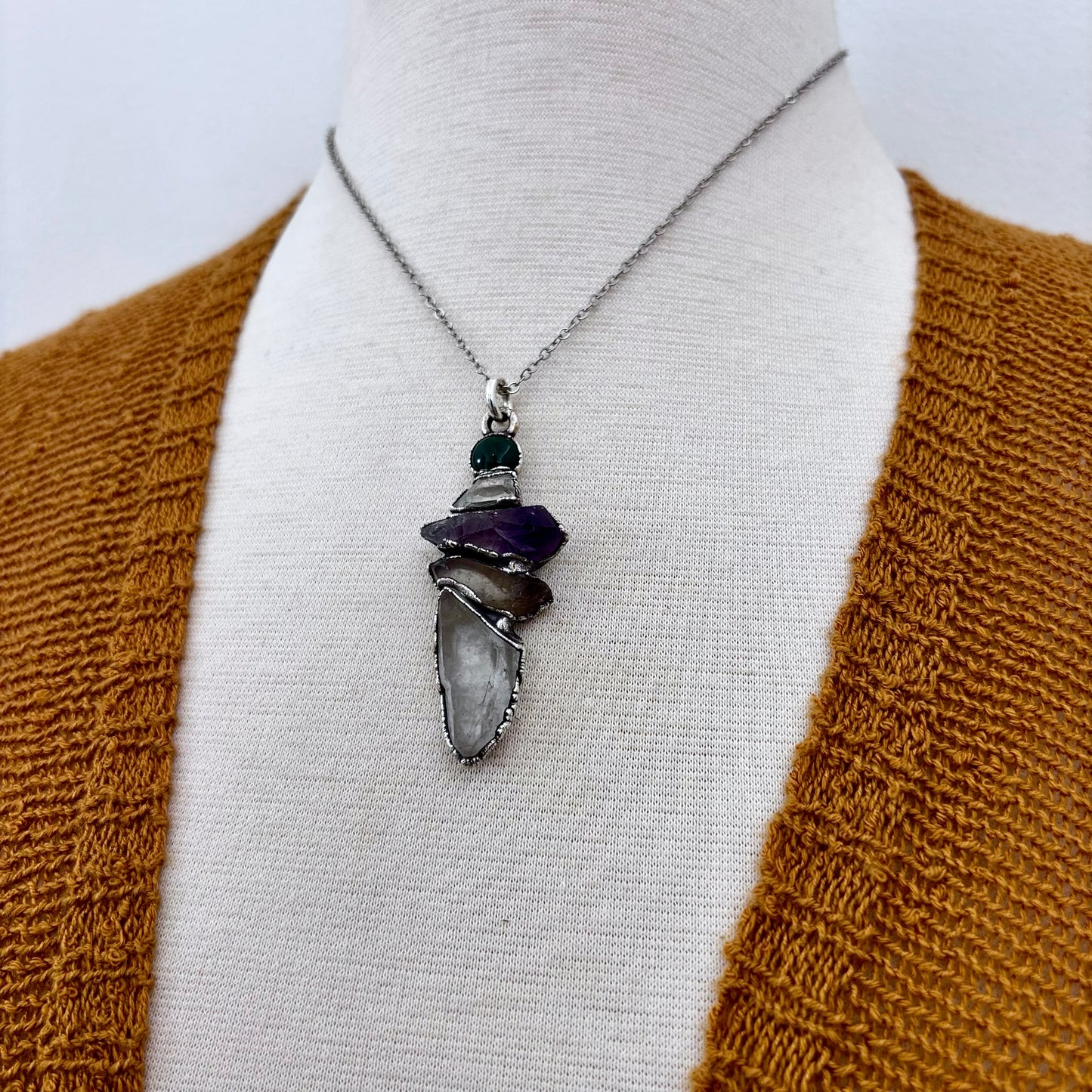Multi Stone Moss Agate Raw Clear Quartz Raw Smoky Quartz Raw Amethyst Necklace Silver / Foxlark Collection