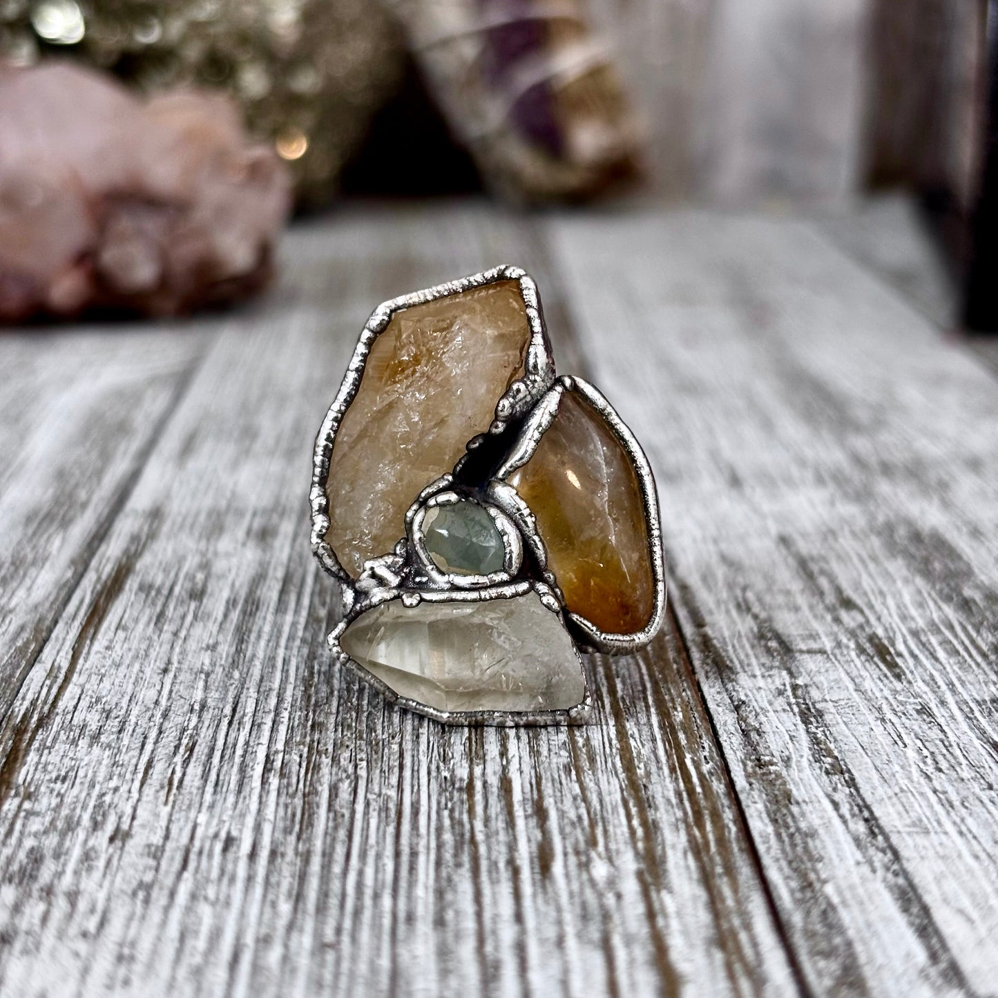 Multi Stone Citrine Clear Quartz Aquamarine Ring In Silver Size 7 / Foxlark Collection