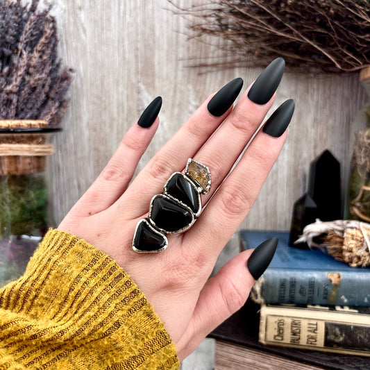 Multi Stone Black Obsidian Citrine Ring In Silver Size 7 / Foxlark Collection
