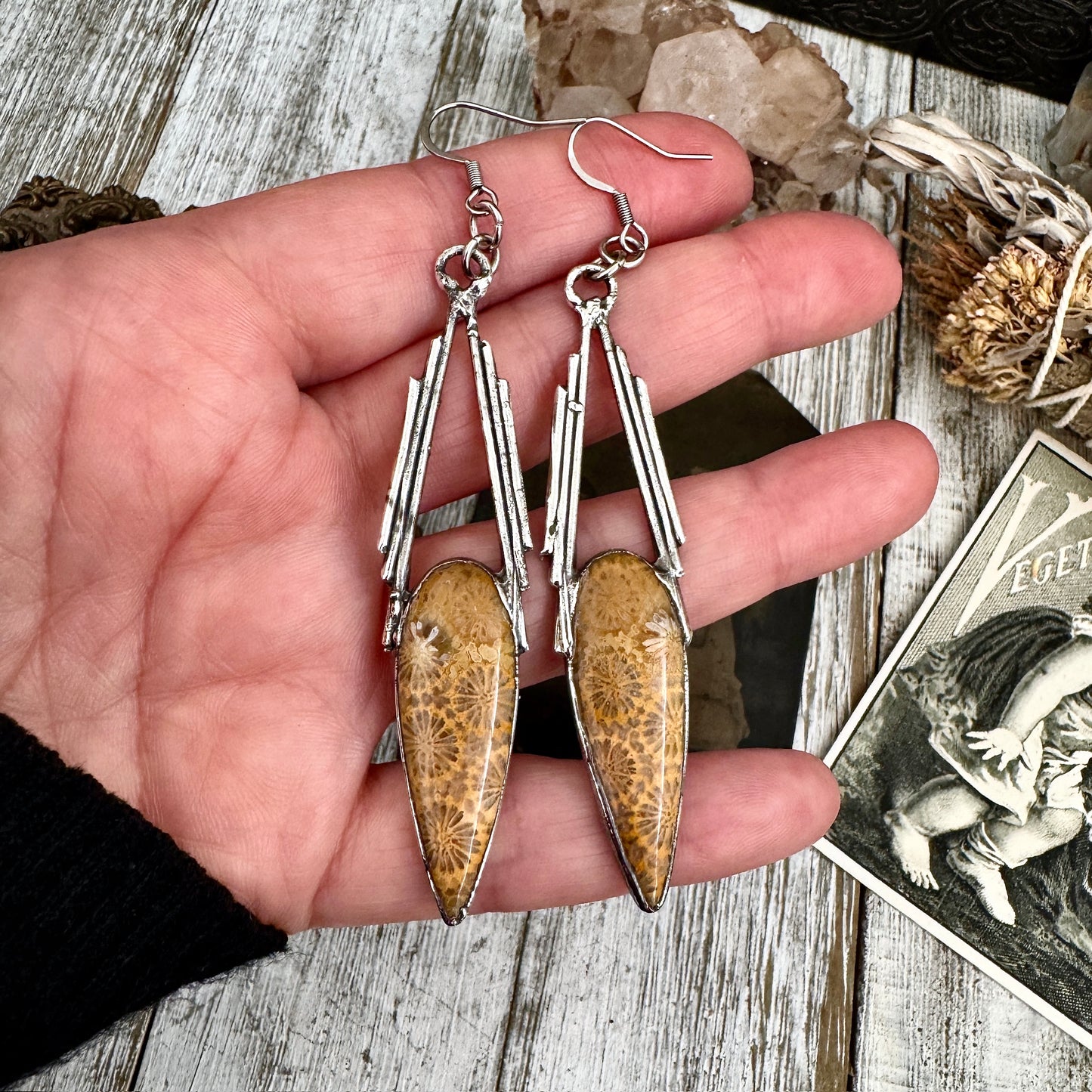 Fossilized Coral Fine Silver Crystal Earrings / Long Dangle Witchy Earrings