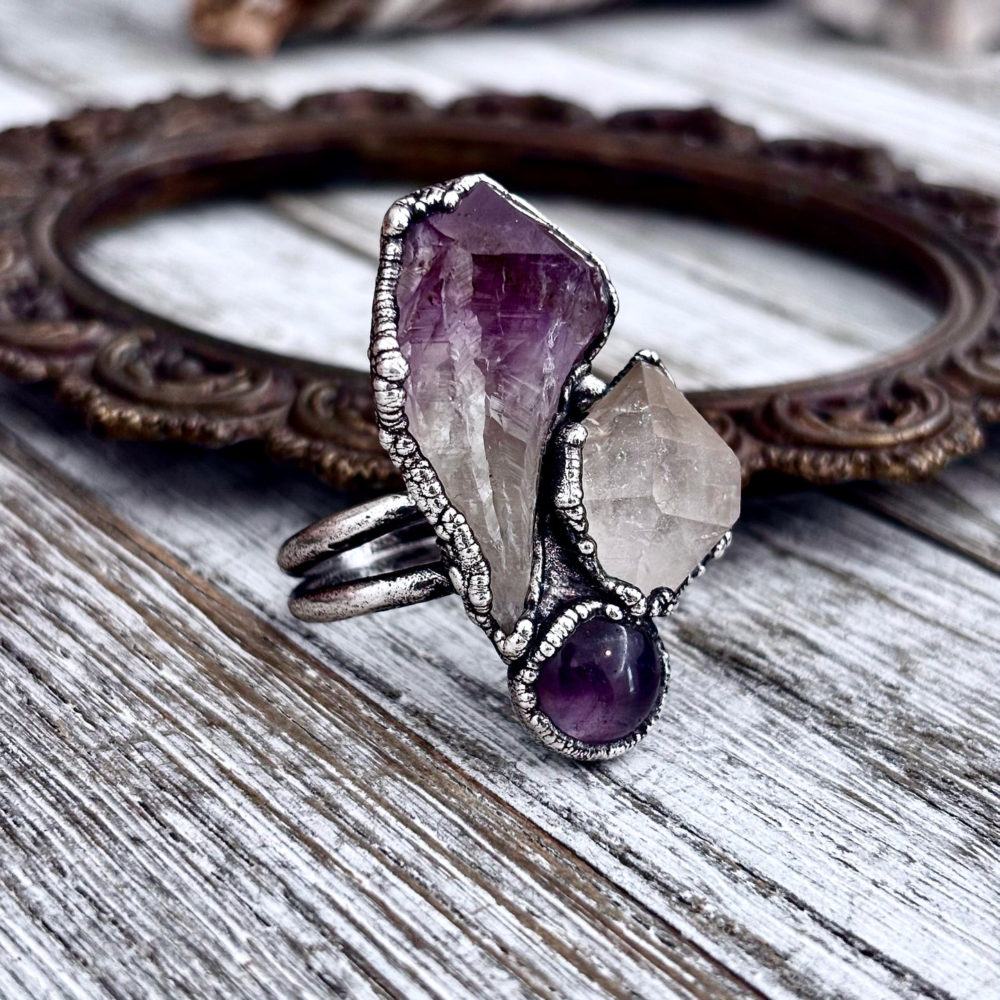 Three Stone Raw Amethyst Herkimer Diamond Ring In Silver Size 9 / Foxlark Collection