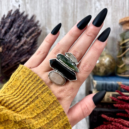 Multi Stone Clear Quartz Moss Agate Black Obsidian Peach Moonstone Ring In Silver Size 10 / Foxlark Collection
