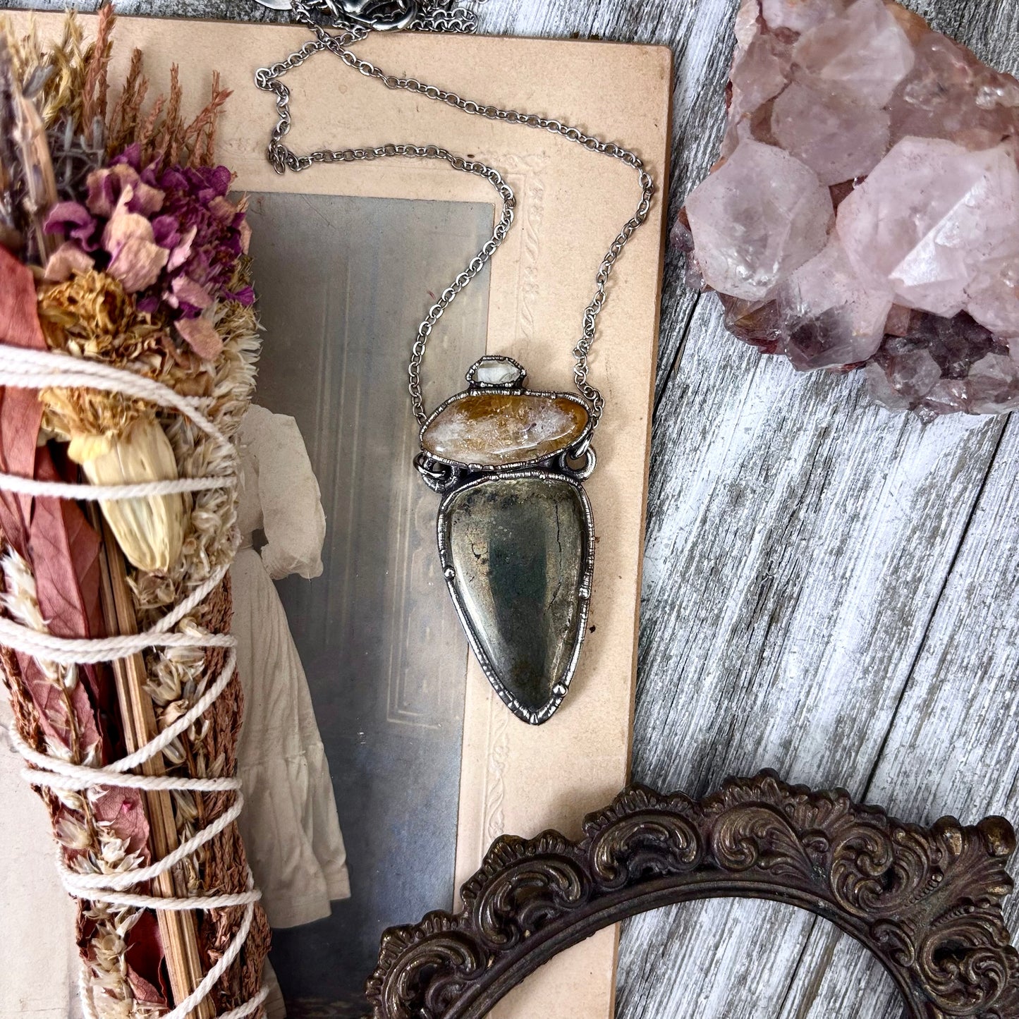 Multi Stone Herkimer Diamond Citrine Pyrite Necklace Silver / Foxlark Collection