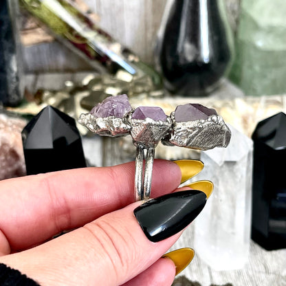 Size 9 Crystal Ring - Three Stone Ring Purple Amethyst Ring Silver / Foxlark Collection - One of a Kind