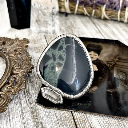 Size 10 Silver Spiderweb Obsidian Clear Quartz Ring Large Crystal Ring / Foxlark Collection - One of a Kind
