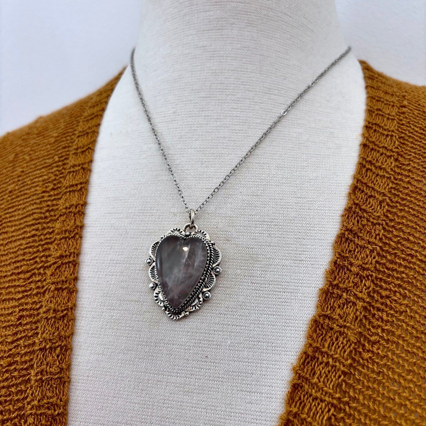 Rose Quartz Crystal Heart Necklace in Sterling Silver -Designed by FOXLARK Collection