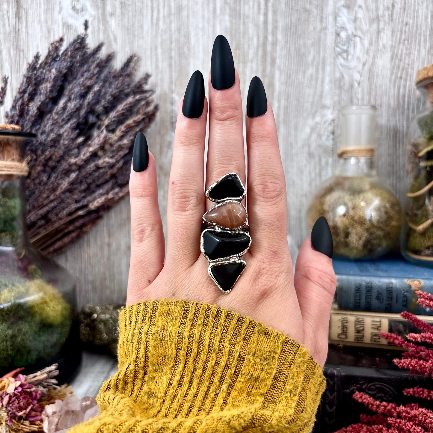 Black obsidian and sunstone silver ring from FOXLARK collection, size 10, featuring multi-stone design on a detailed band.