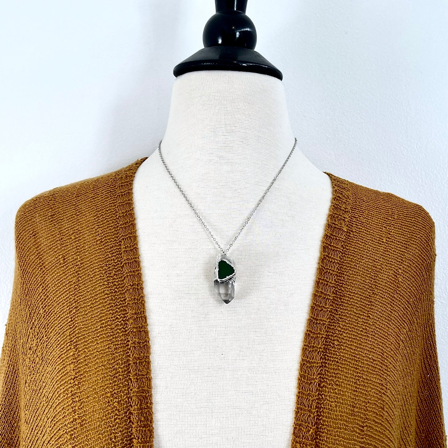 Clear quartz and green sea glass crystal statement necklace by FOXLARK, featuring fine silver chain and one-of-a-kind design.