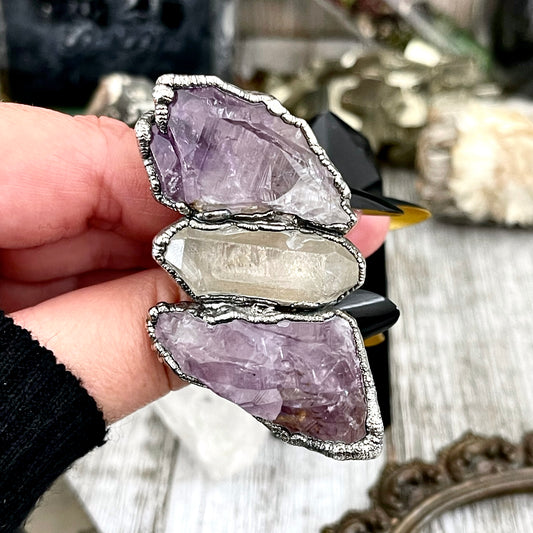 Size 8 Crystal Ring - Three Stone Purple Amethyst Clear Quartz Ring in Silver / Foxlark Collection - One of a Kind