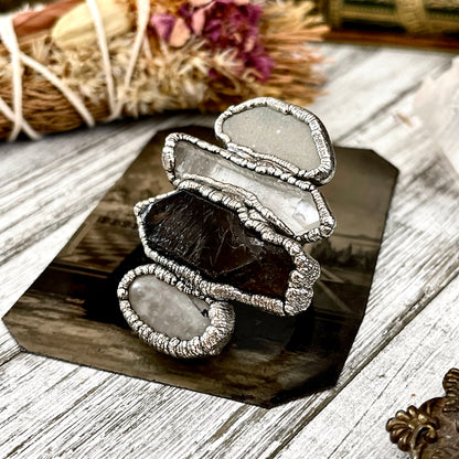 Size 7.5 Crystal Ring - Four Stone Sea Glass Tourmaline Quartz Smokey and Clear Quartz Ring In Silver  / Foxlark - One of a Kind