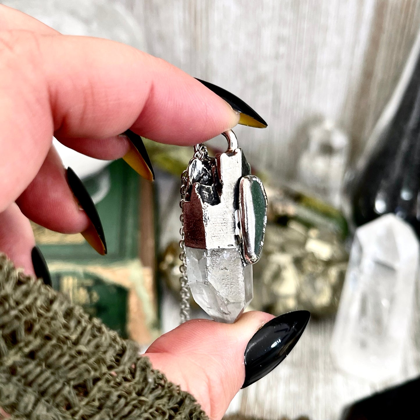 Elegant FOXLARK Clear Quartz and green sea glass statement necklace in fine silver from the Foxlark Collection, one-of-a-kind jewelry piece.