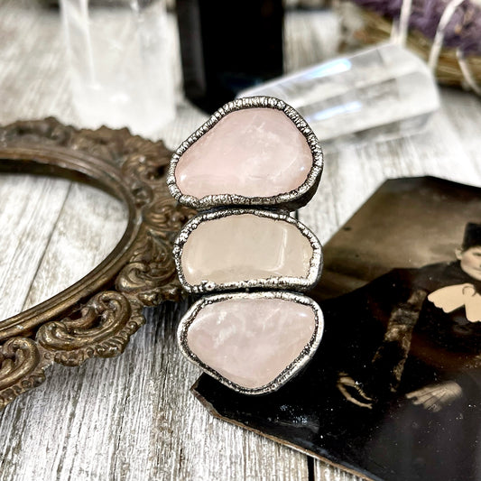 Size 7.5 Crystal Ring - Three Stone Pink Rose Quartz Ring in Silver / Foxlark Collection - One of a Kind