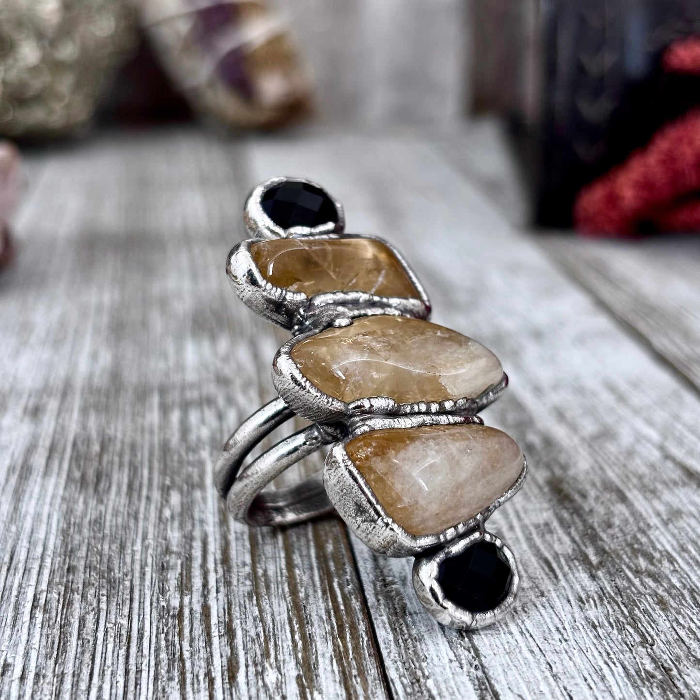 Multi Stone Citrine Black Onyx Ring In Silver Size 6.5 / Foxlark Collection