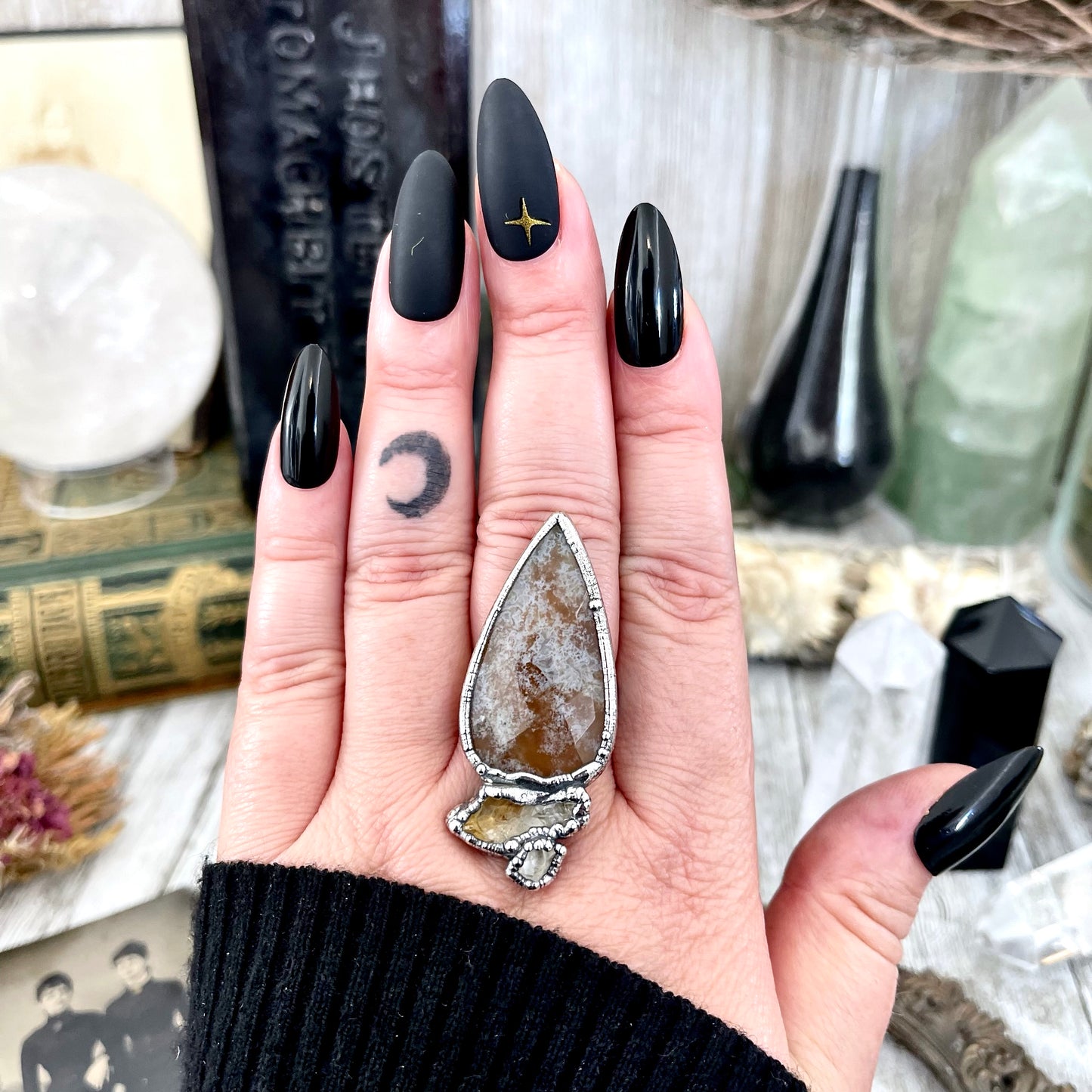 Size 8.5 Crystal Ring - Three Stone Fancy Moss Agate Citrine Herkimer Silver Ring / Foxlark Collection - One of a Kind
