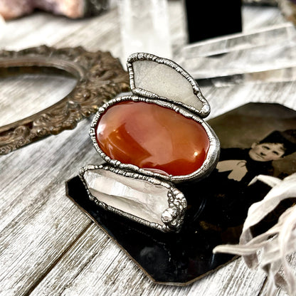 Size 9 Crystal Ring - Three Stone Ring Sea Glass Carnelian Clear Quartz Ring in Silver / Foxlark Collection - One of a Kind