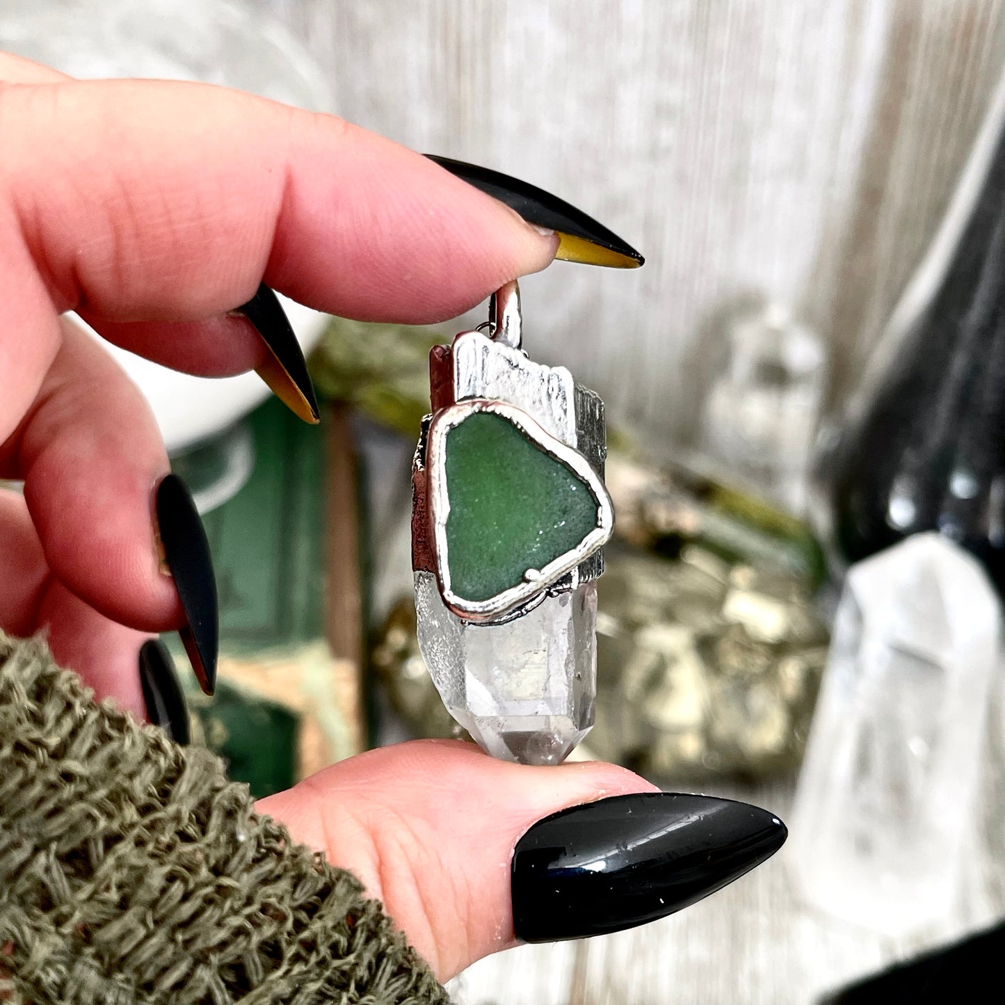 Clear quartz and green sea glass crystal statement necklace with fine silver setting from FOXLARK collection, featuring unique handcrafted design.