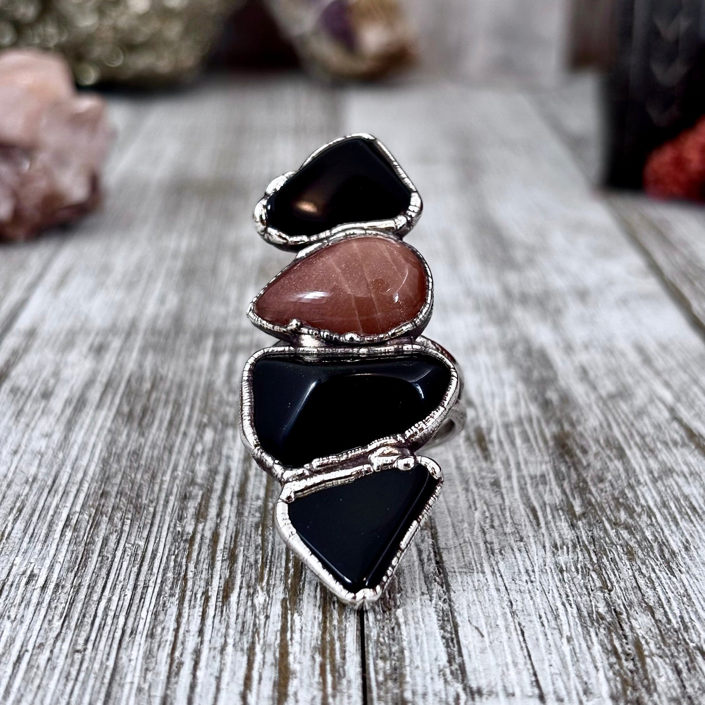Black Obsidian Sun Stone ring in silver with multi-stone design, size 10, from FOXLARK collection.