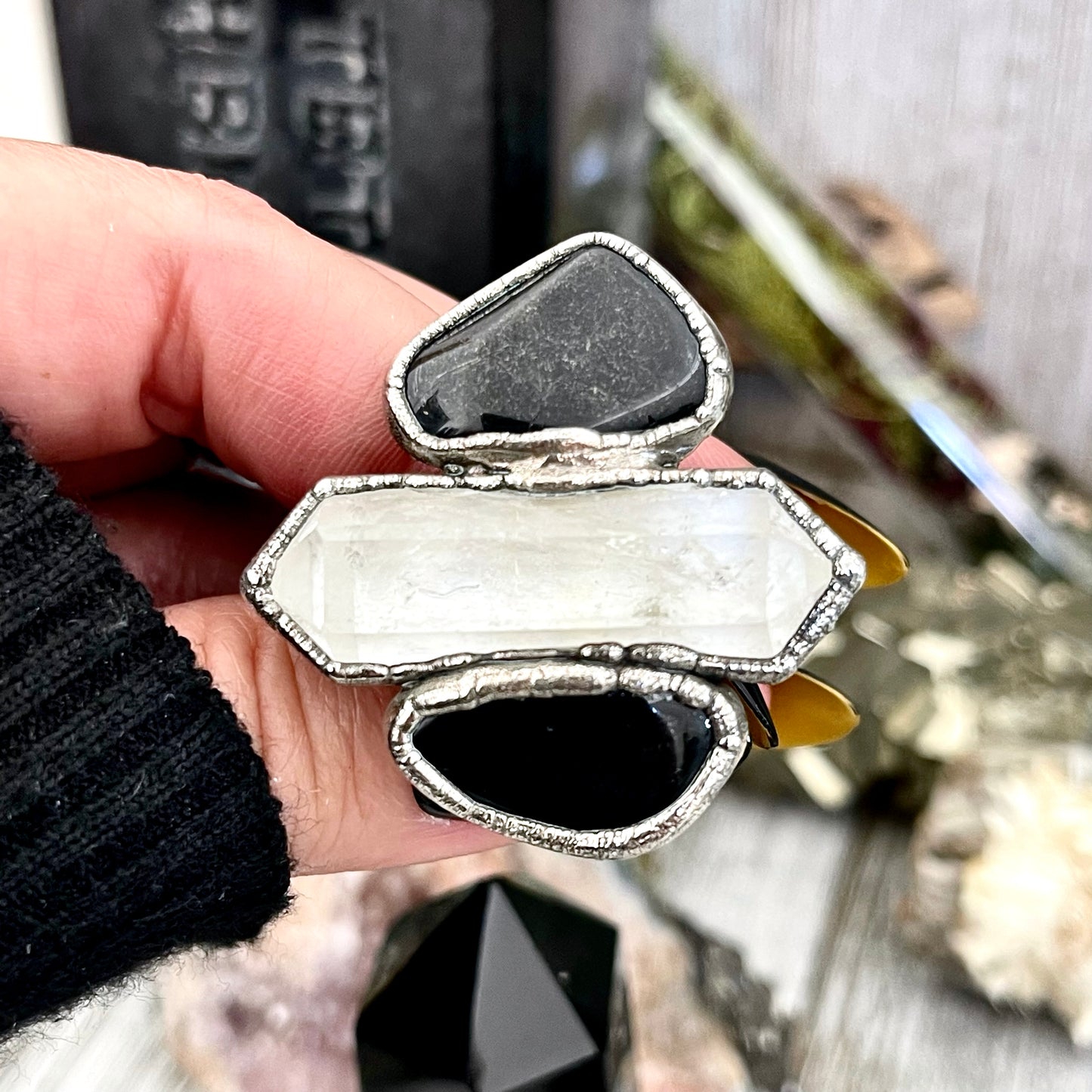 Size 8 Crystal Ring - Three Stone Ring Black Onyx Clear Quartz Ring Silver / Foxlark Collection - One of a Kind