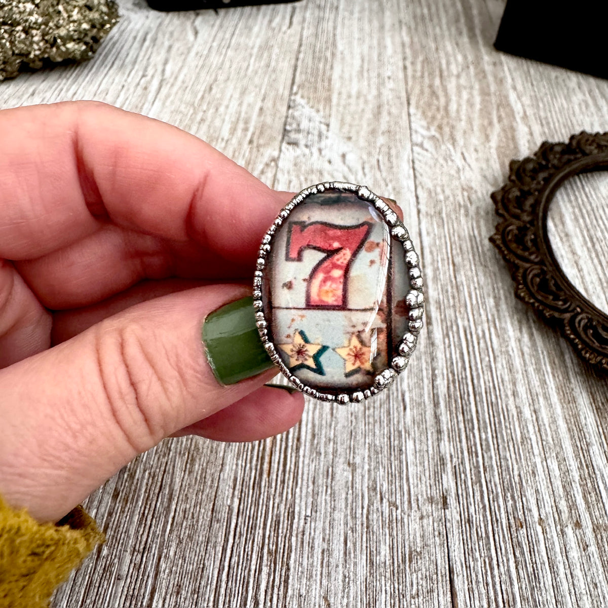 Fine silver "Road to Nowhere" Lucky Number 7 slot machine ring by FOXLARK, size 10.5, featuring intricate design and unique one-of-a-kind detail.