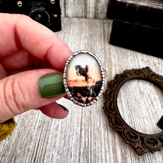 Road To Nowhere - Vintage Cowboy On Horse Ring Fine Silver Size 8.5 / One of a Kind