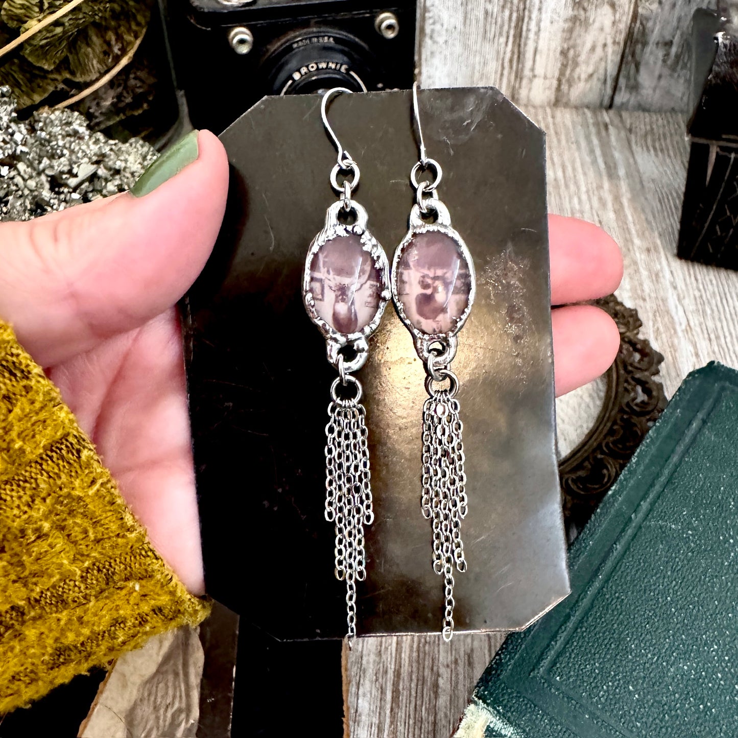 Road To Nowhere - Mismatched Vintage Bar / Deer Taxidermy Fine Silver Long Fringe Earrings