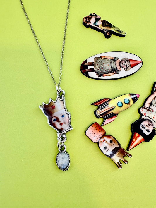 The Weirdlings Collection - Doll Head With Rainbow Moonstone Charm Necklace | Fine Silver