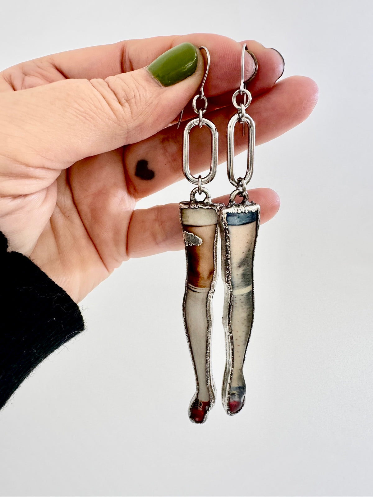 Mismatched Doll Leg Earrings – Long Dangle Statement Earrings, Fine Silver | The Weirdlings Collection