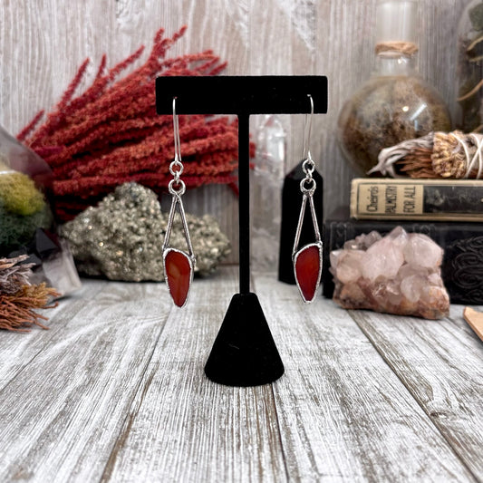 Red Agate Fine Silver Crystal Drop Earrings / Long Dangle Witchy Earrings