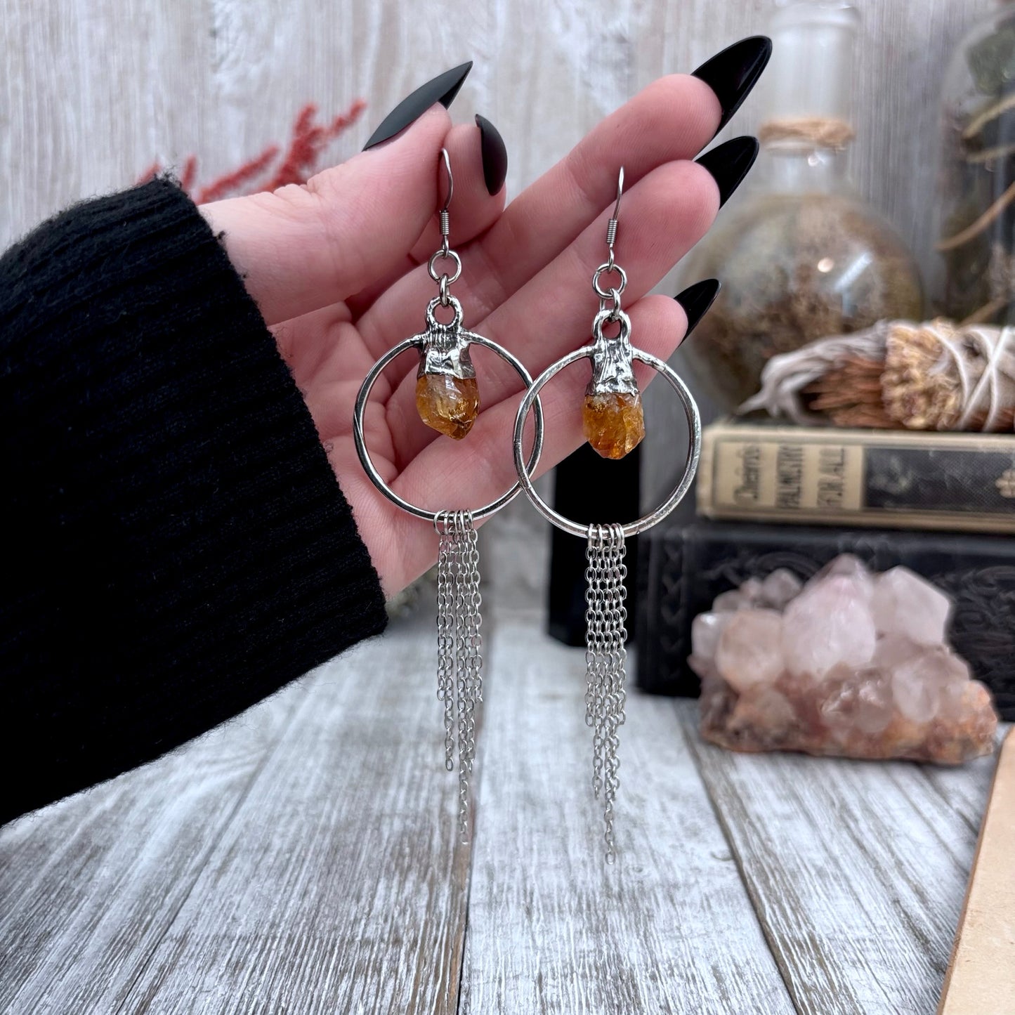 Raw Citrine Hoop And Fringe Silver Crystal Earrings / Long Dangle Witchy Earrings
