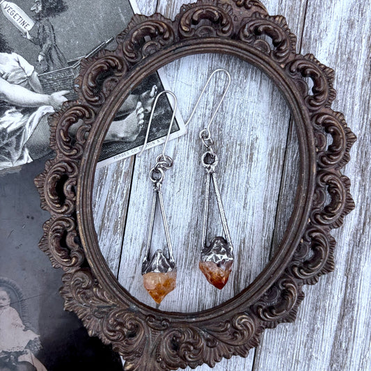Raw Citrine Fine Silver Crystal Drop Earrings / Long Dangle Witchy Earrings