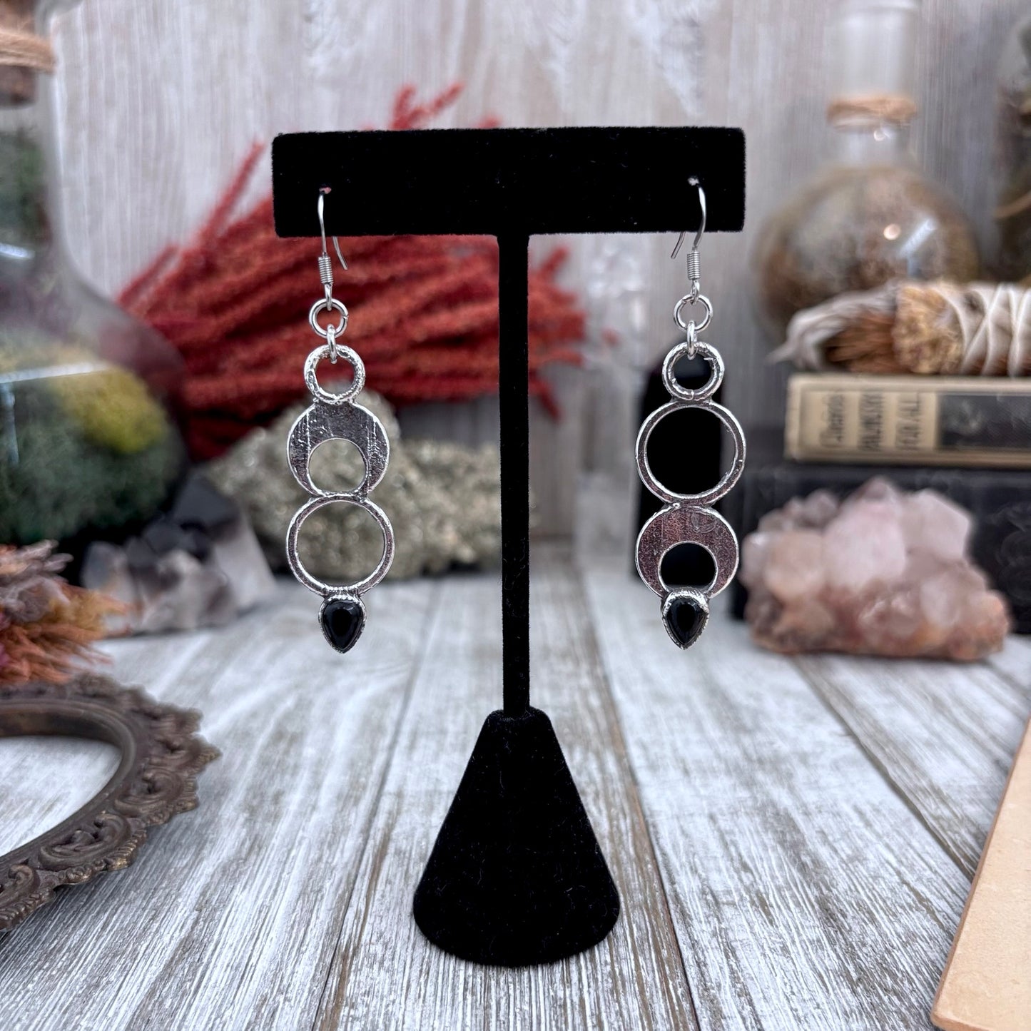 Black Onyx Fine Silver Crystal Drop Earrings / Long Dangle Witchy Earrings