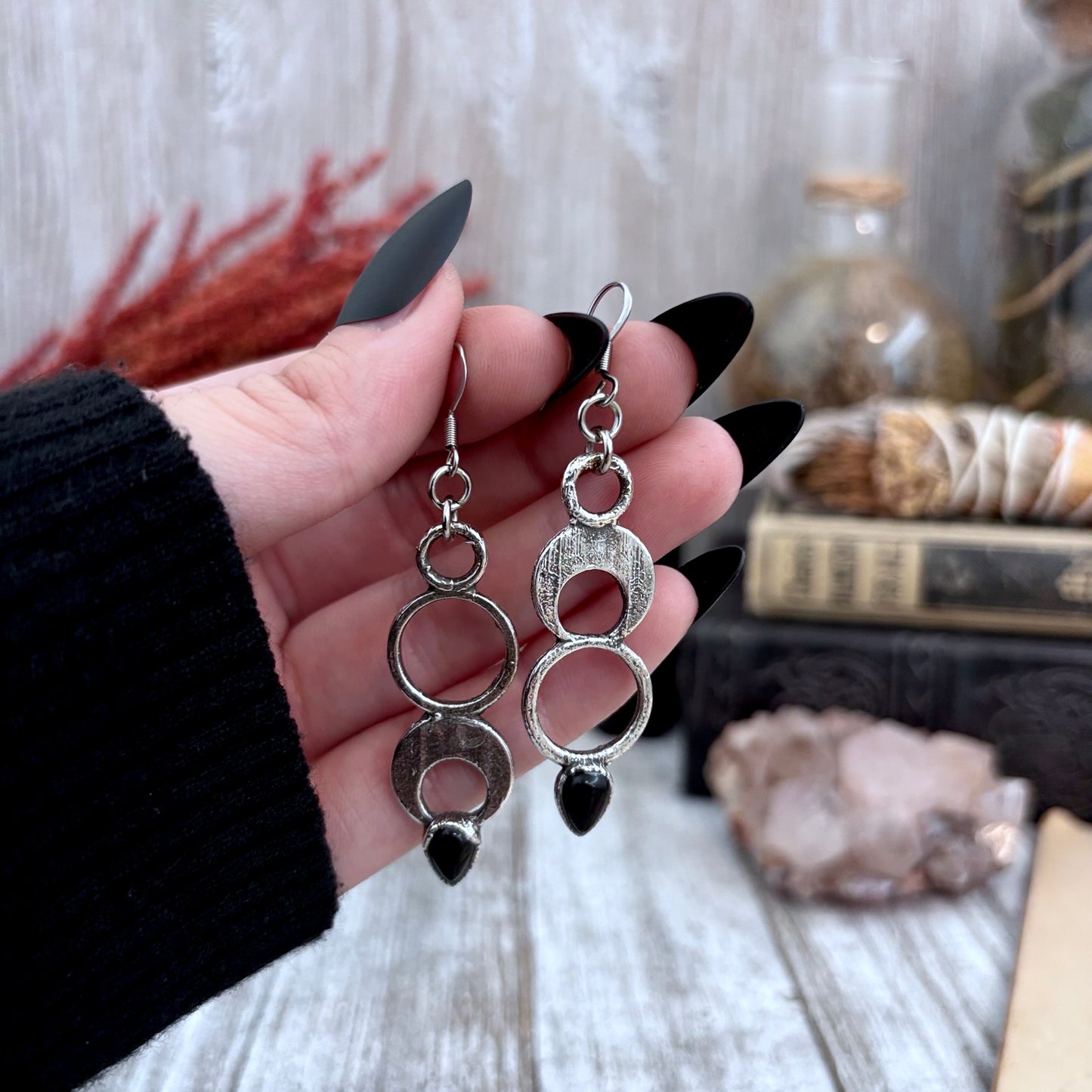 Black Onyx Fine Silver Crystal Drop Earrings / Long Dangle Witchy Earrings