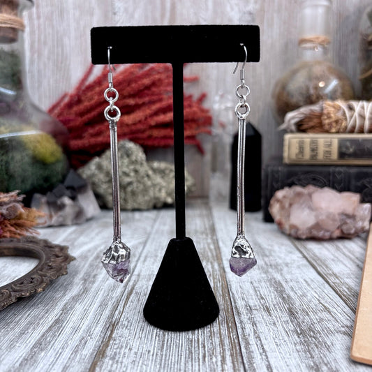 Raw Amethyst Fine Silver Crystal Drop Earrings / Long Dangle Witchy Earrings