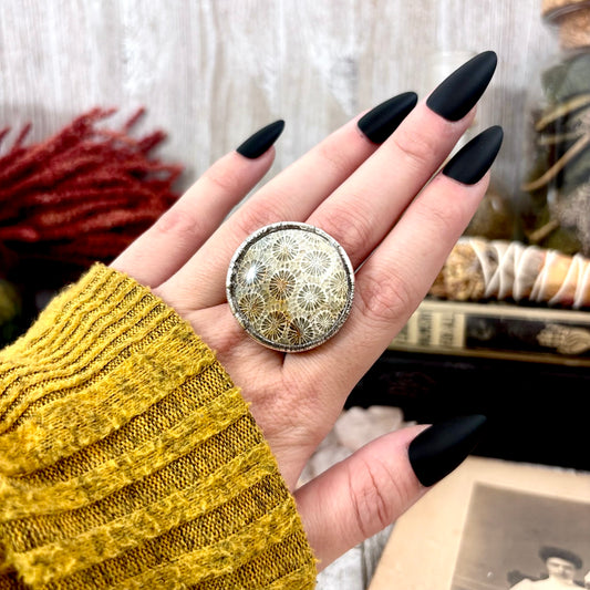Fossilized Coral Crystal Ring Fine Silver Size 10/ Foxlark Collection - One of a Kind