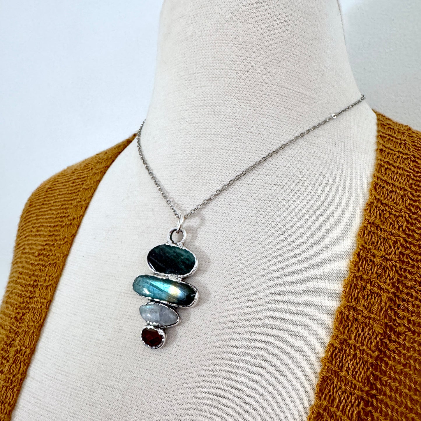 Multi Stone Bloodstone Labradorite Rainbow Moonstone Garnet Crystal Necklace Fine Silver / Foxlark Collection FOXLARK
