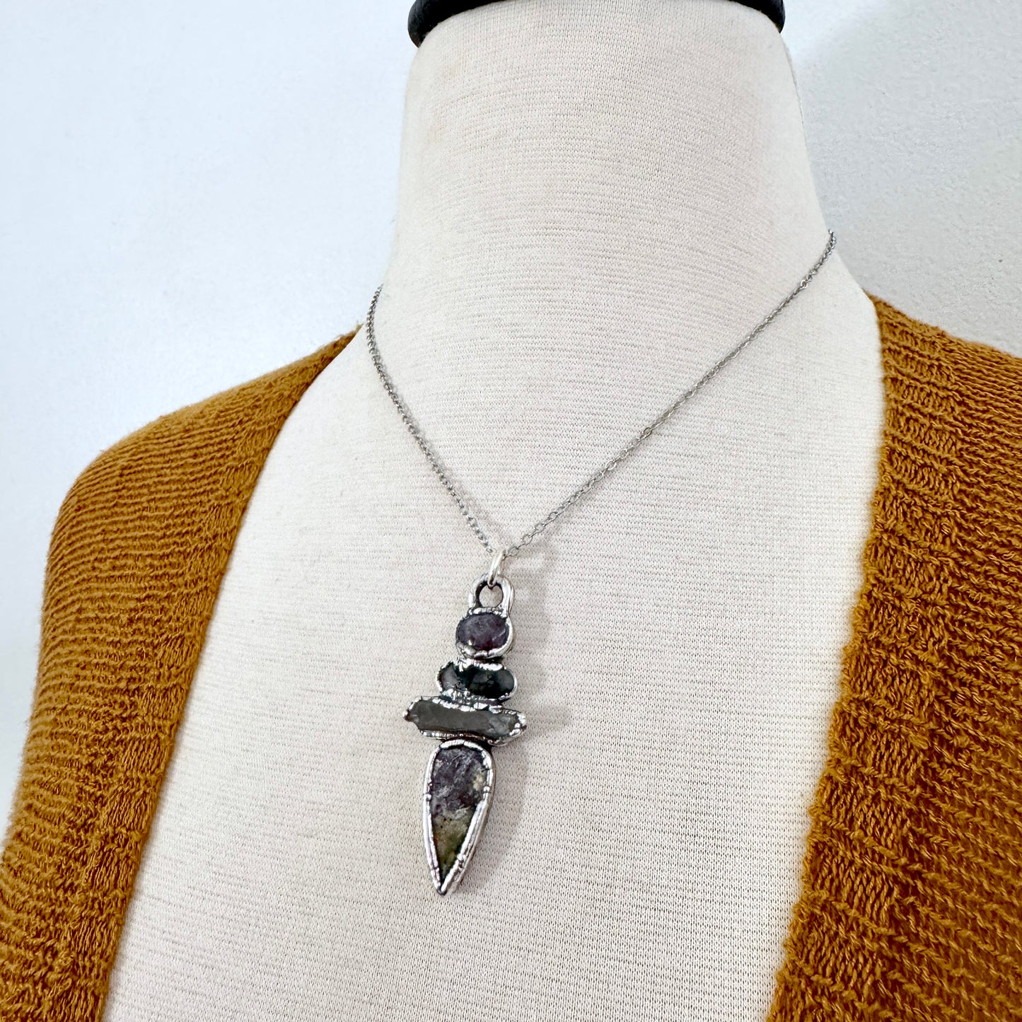 Multi Stone Star Ruby Moss Agate Clear Quartz Jasper Crystal Necklace Fine Silver / Foxlark Collection FOXLARK