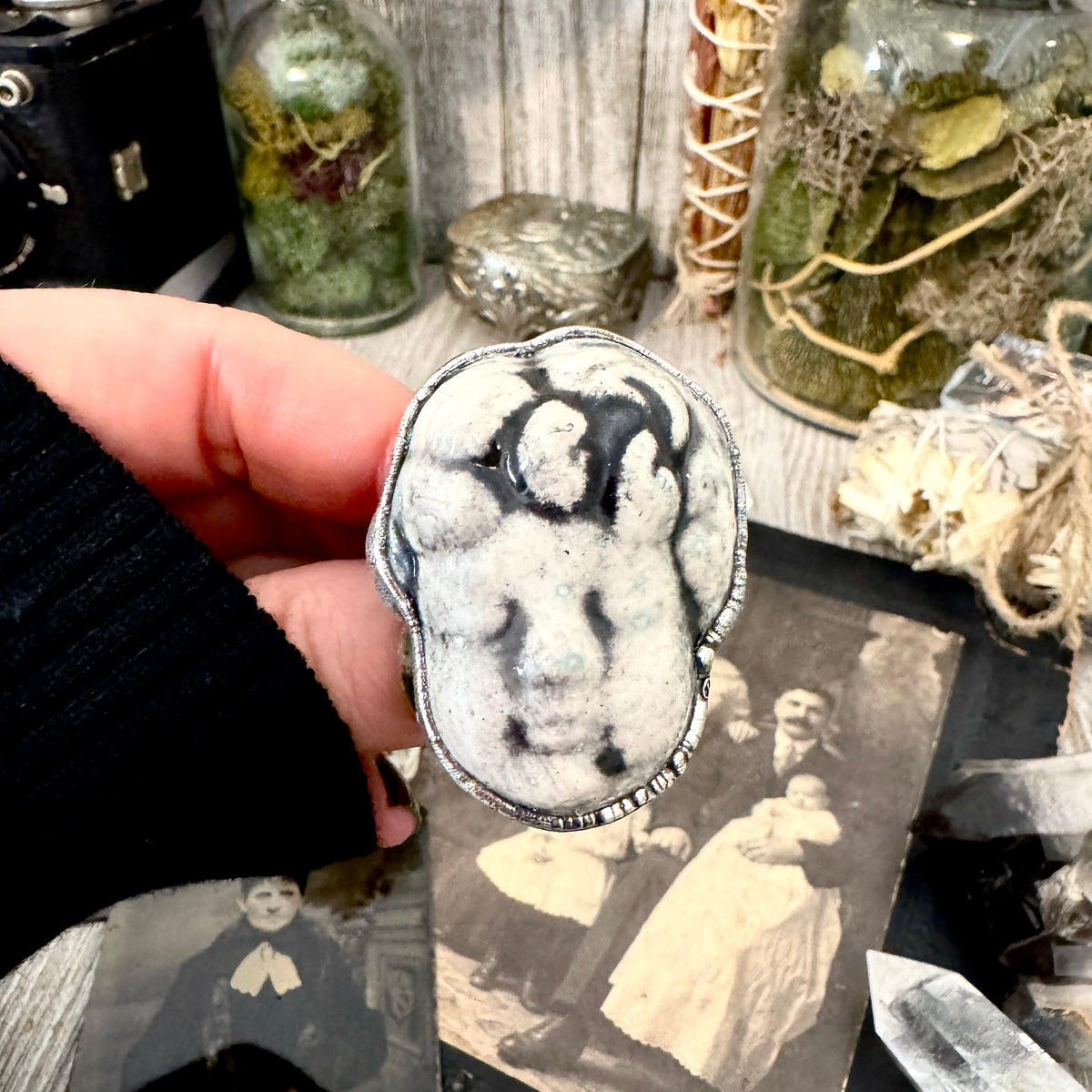Fine silver ceramic baby doll head ring by FOXLARK, size 7.5, from the FOXLARK- RINGS collection, featuring detailed artistic craftsmanship.