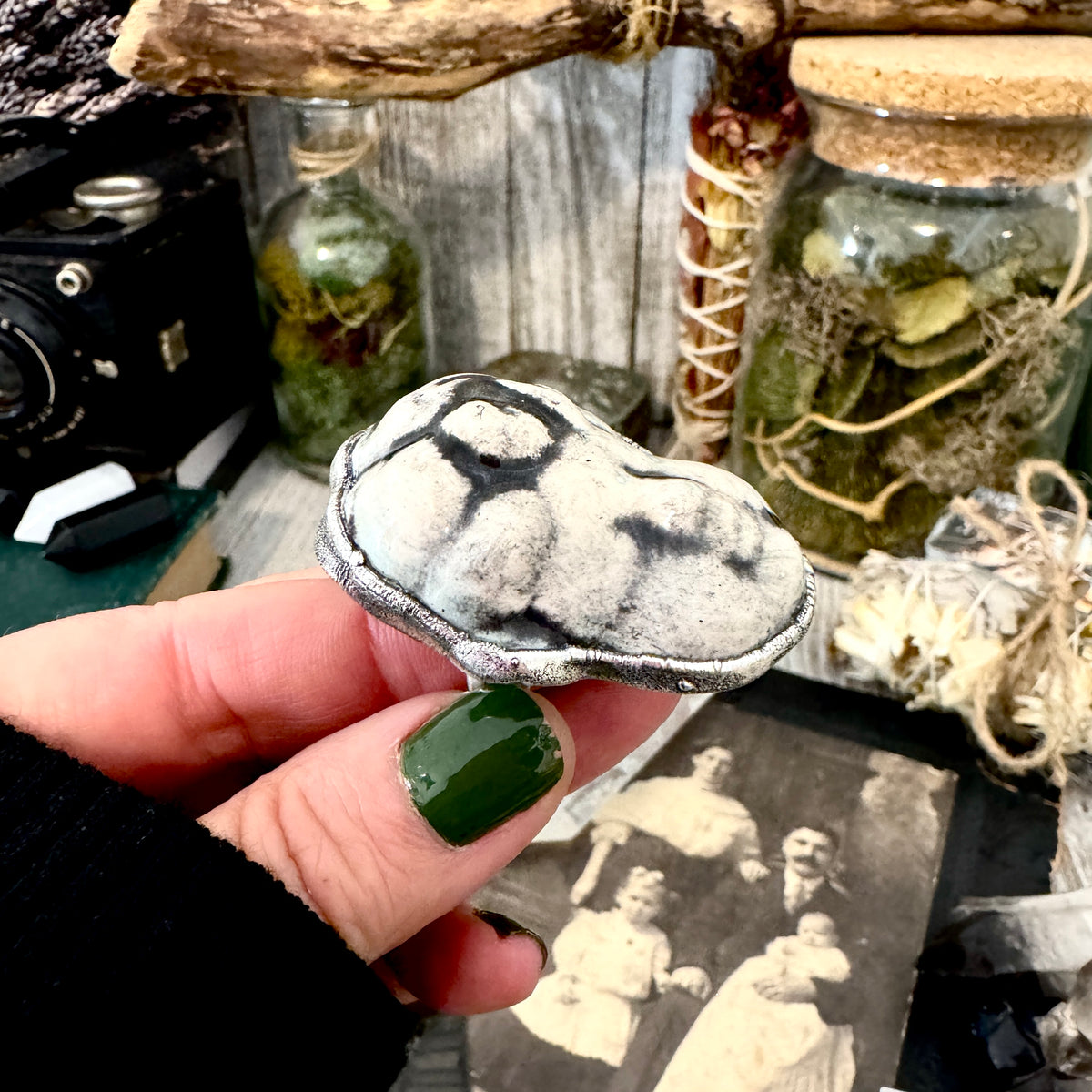 Fine silver ceramic baby doll head ring by FOXLARK, size 7.5, from the Foxlark collection, featuring detailed doll head design.