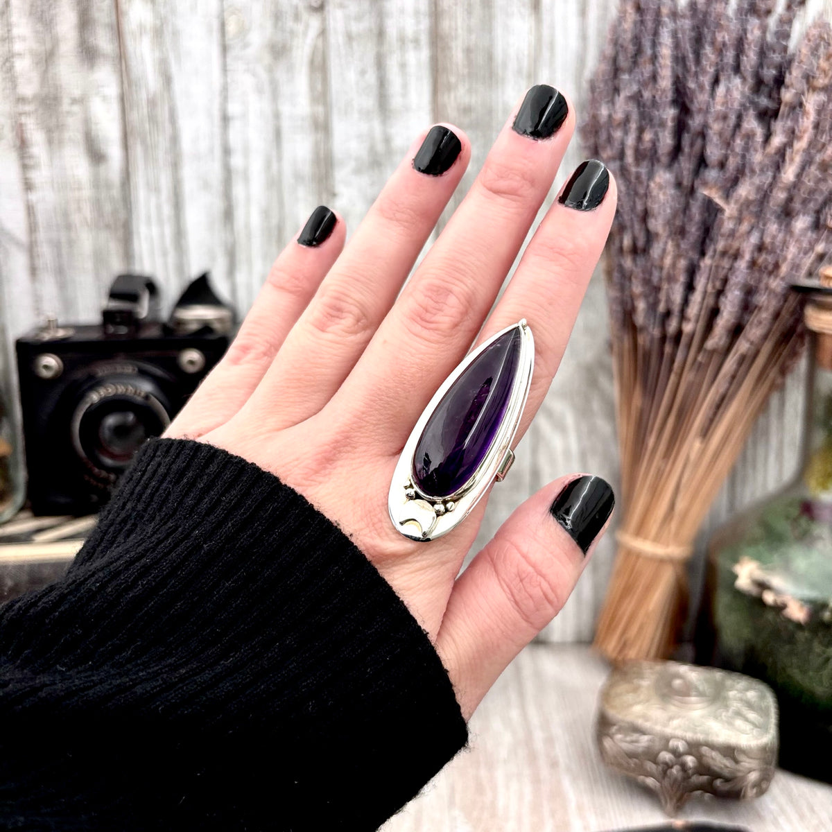 Sterling silver purple amethyst ring with large witchy crystal and moon design, adjustable gothic gemstone jewelry by FOXLARK.