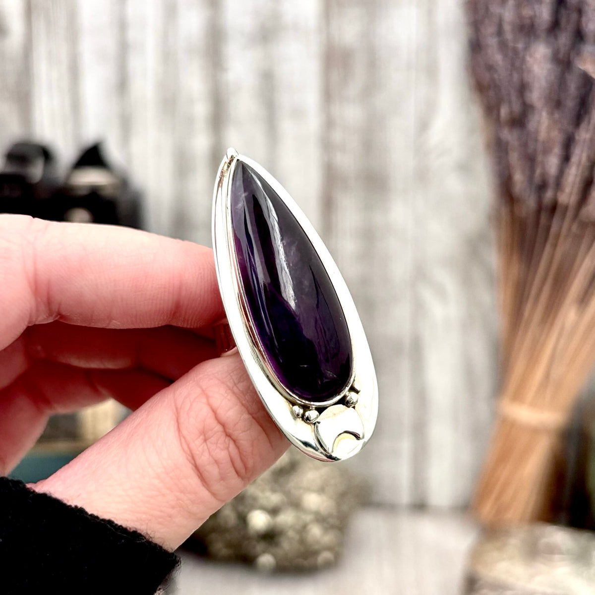 Sterling silver purple amethyst ring featuring a moon design, adjustable gothic statement jewelry by FOXLARK, witchy crystal accessory