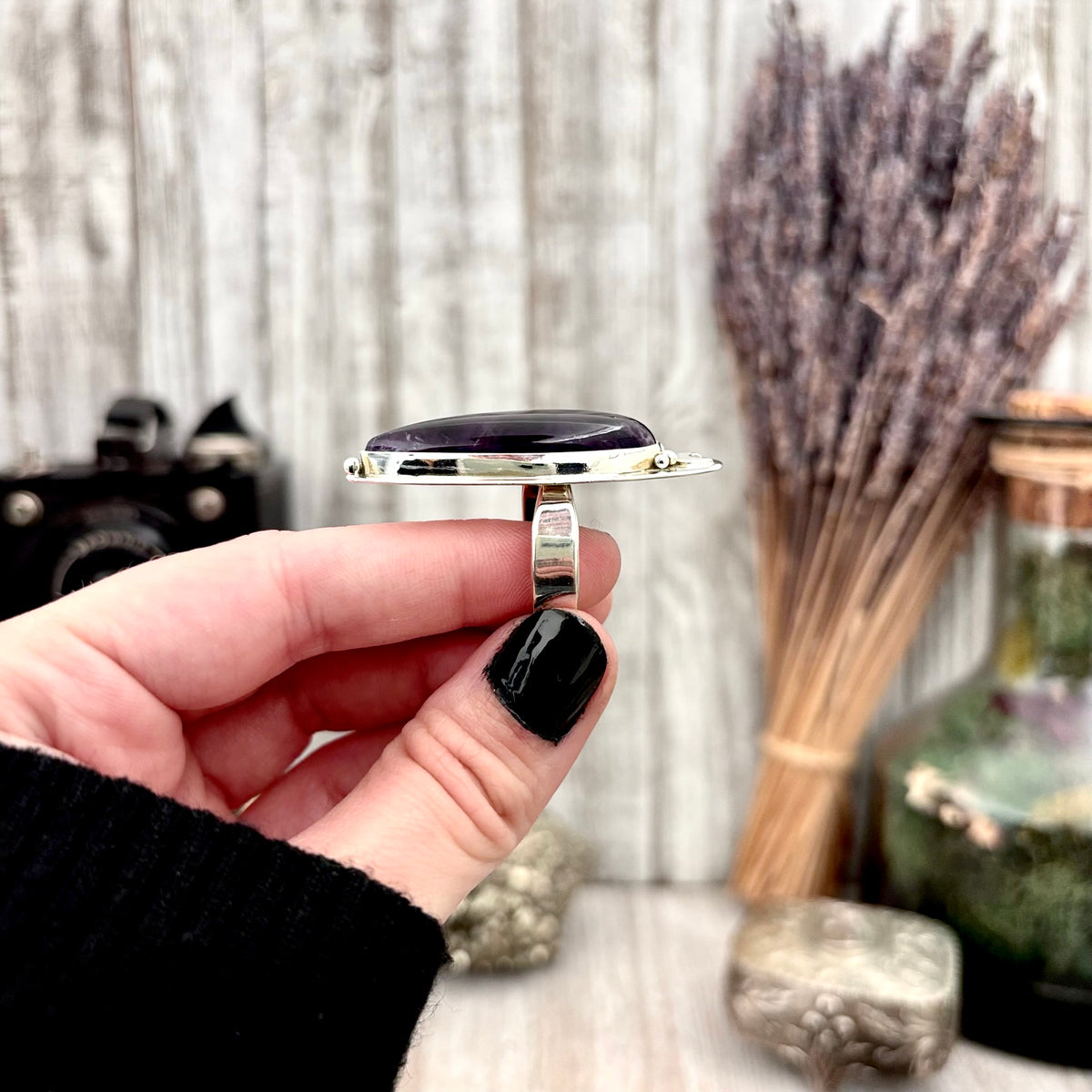 Sterling silver purple amethyst ring with moon design, adjustable Gothic gemstone jewelry, statement witchy crystal ring by FOXLARK