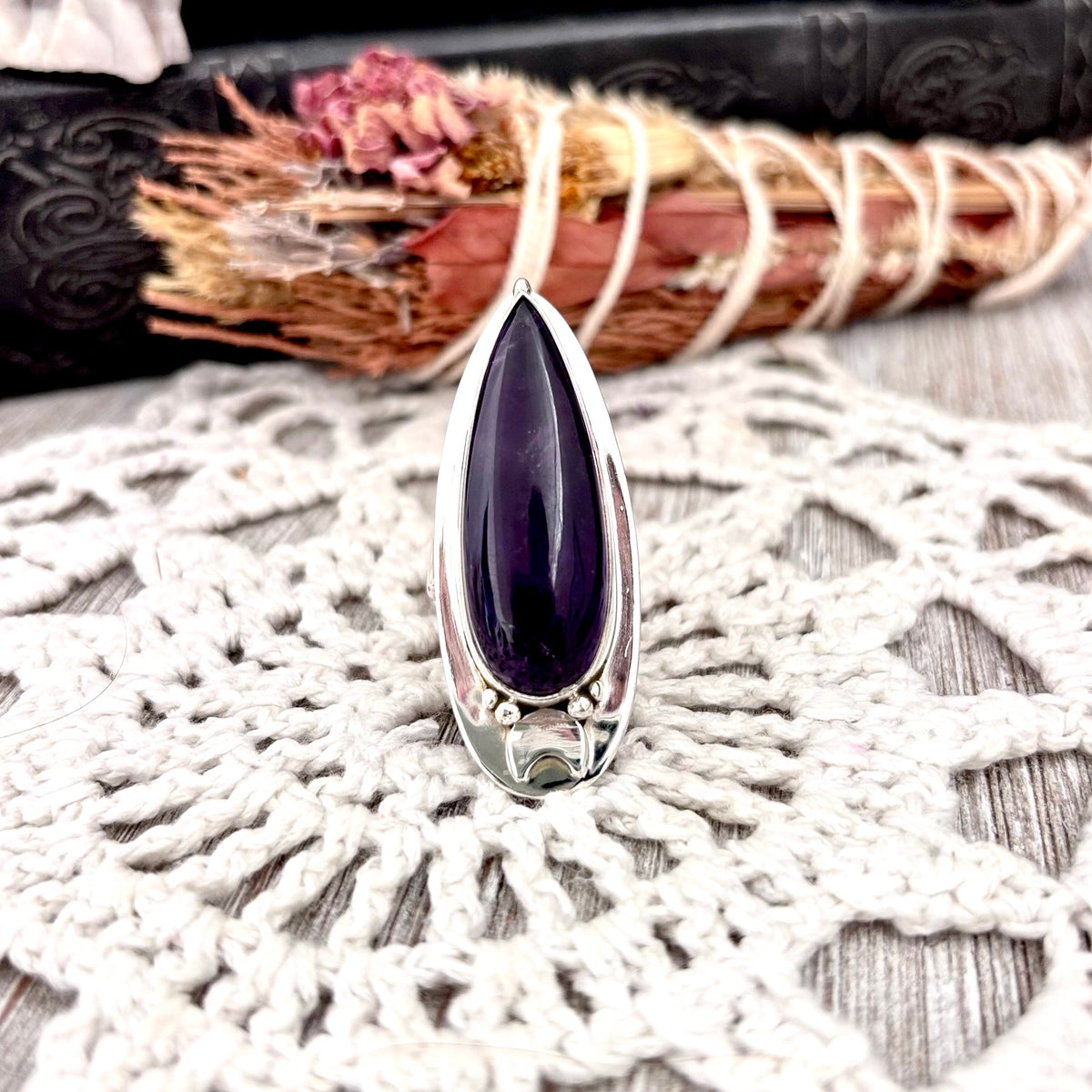 Sterling silver purple amethyst ring with gothic moon design, adjustable statement jewelry featuring a large witchy crystal gemstone