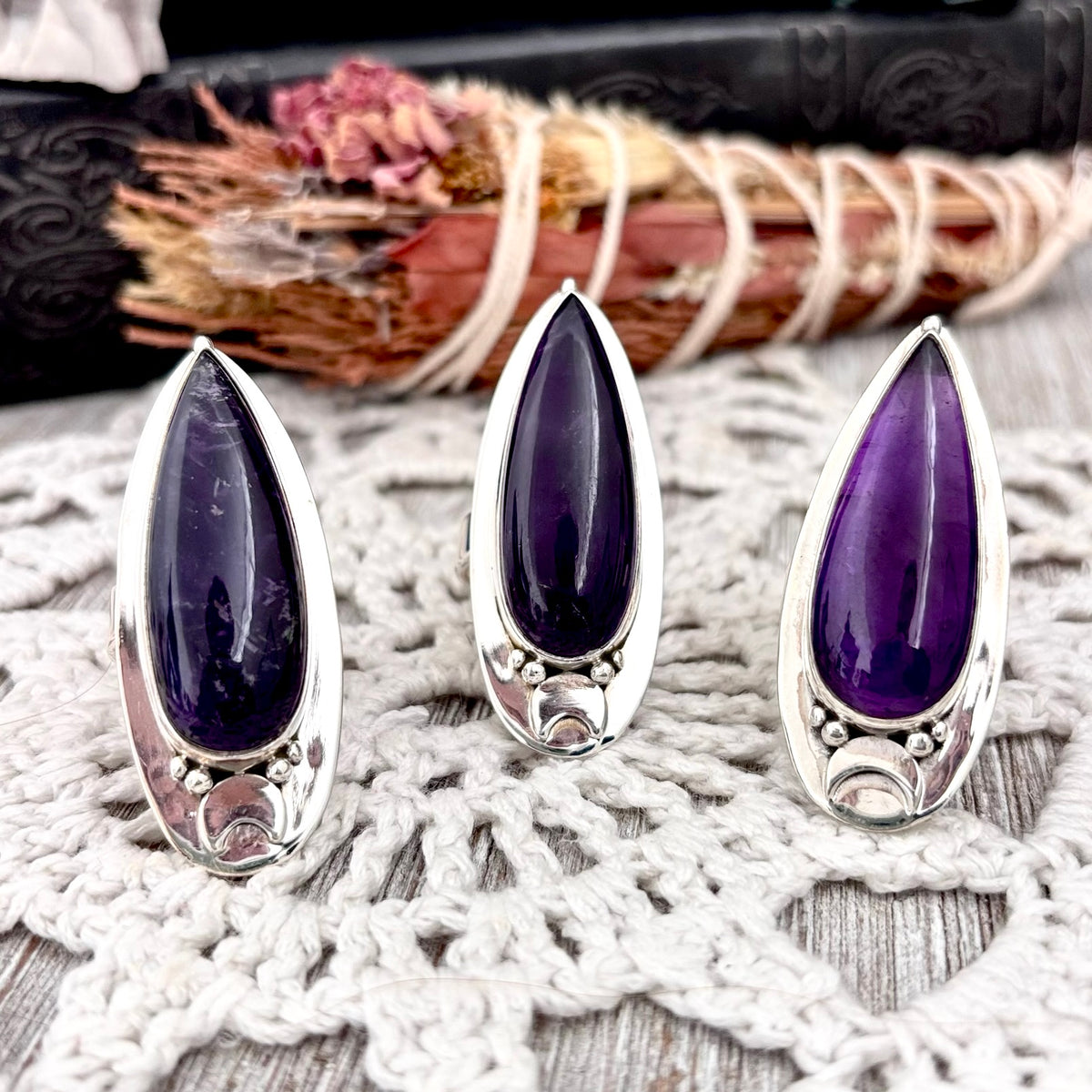 Sterling silver purple amethyst statement ring with moon design from FOXLARK, adjustable gothic crystal jewelry for witchy style.
