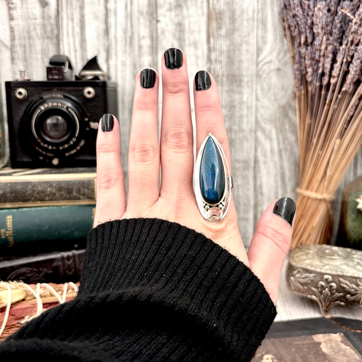 Sterling silver Labradorite ring with blue crystal, adjustable size 6-10, designed by FOXLARK featuring a moon motif for women.